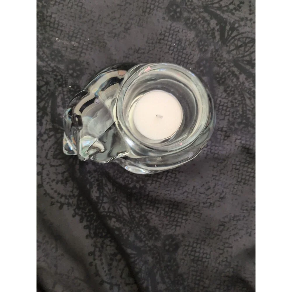 NWT VINTAGE INDIANA GLASS COMPANY CLEAR GLASS SLEEPING CAT VOTIVE CANDLE HOLDER